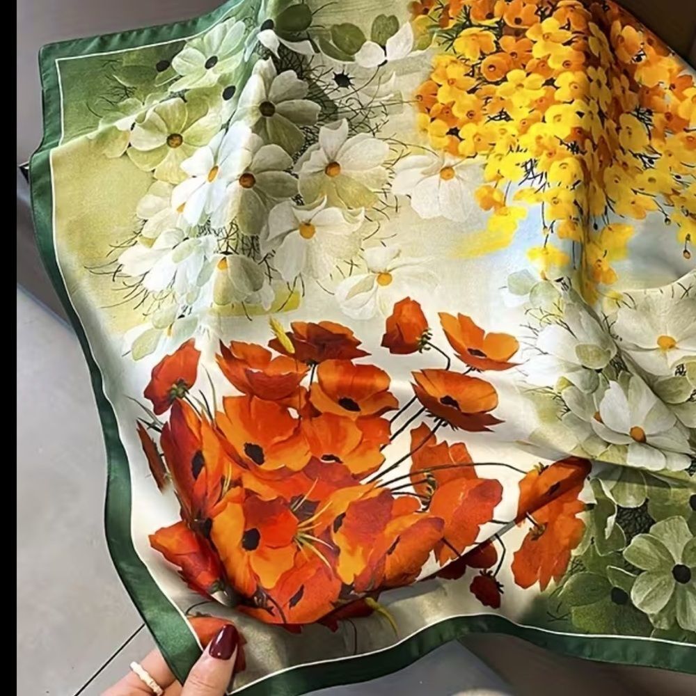 Floral Silky polyester Scarf with Orange and Green Accents - Picture 4 of 7